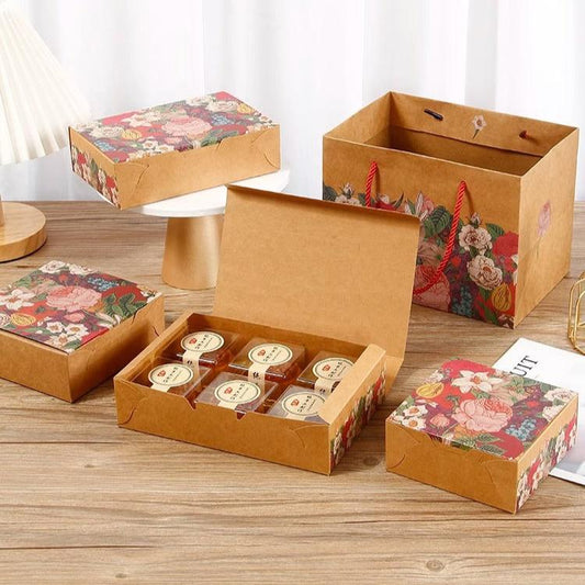 Vintage flower brown paper mooncake, egg yolk crisp packaging box