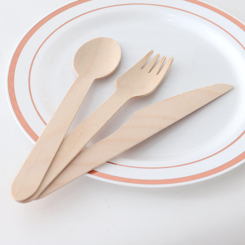 Disposable wooden cutlery knife, fork and spoon