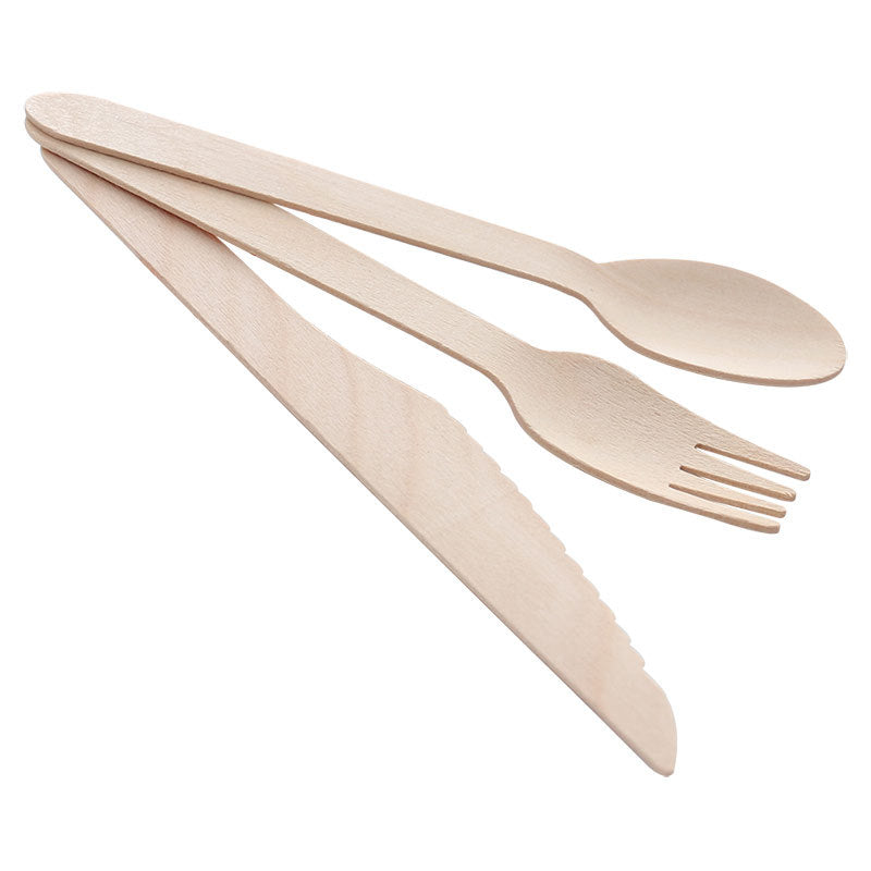 Disposable wooden cutlery knife, fork and spoon