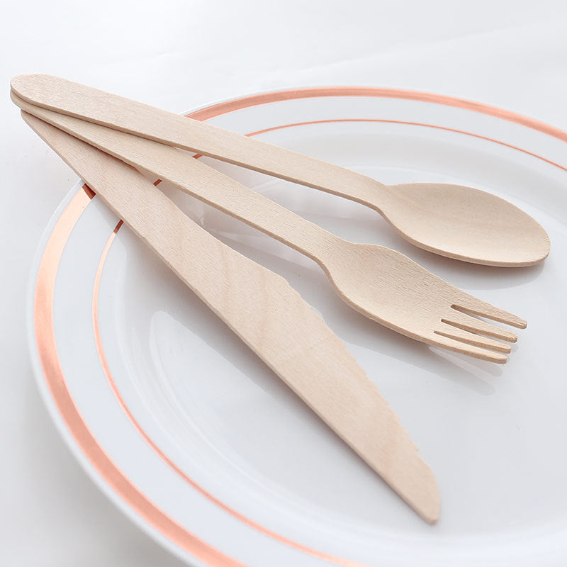 Disposable wooden cutlery knife, fork and spoon