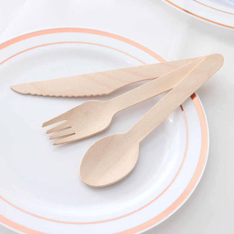 Disposable wooden cutlery knife, fork and spoon