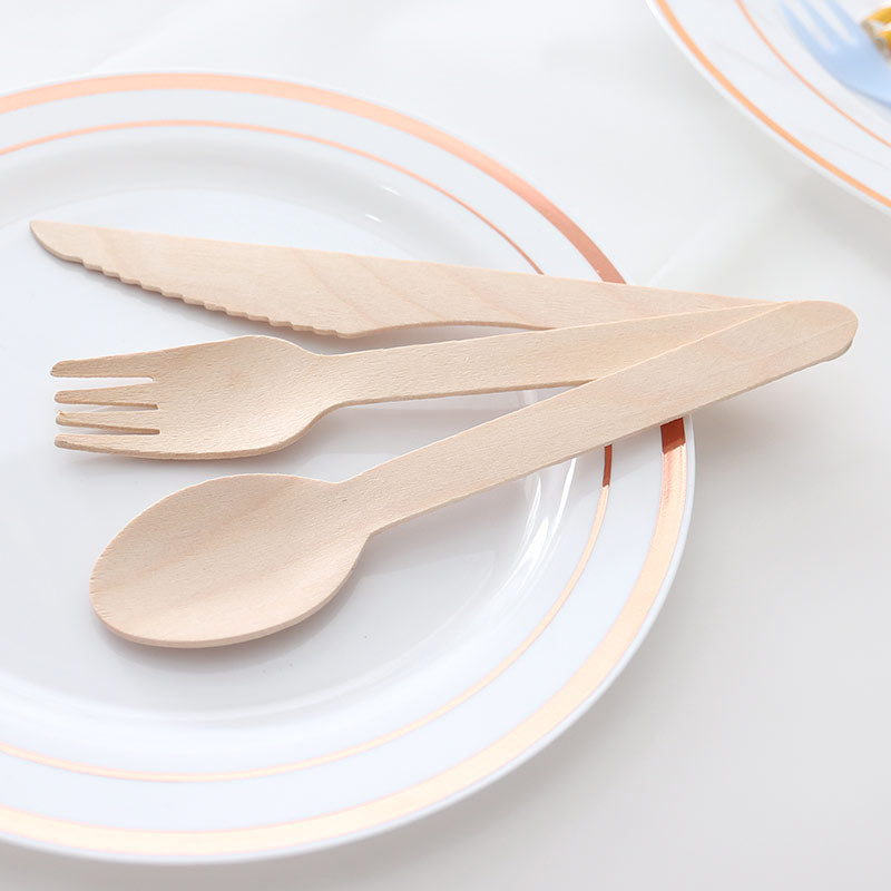 Disposable wooden cutlery knife, fork and spoon