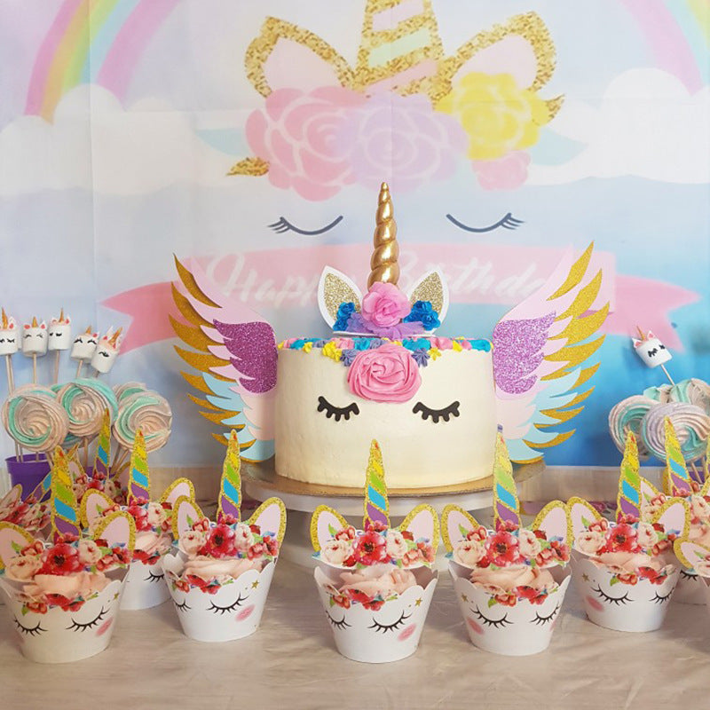 Unicorn 12 dessert birthday cake cups toppers with flags and placards