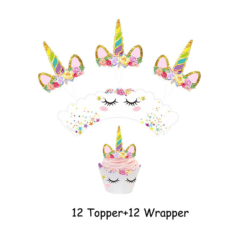 Unicorn 12 dessert birthday cake cups toppers with flags and placards