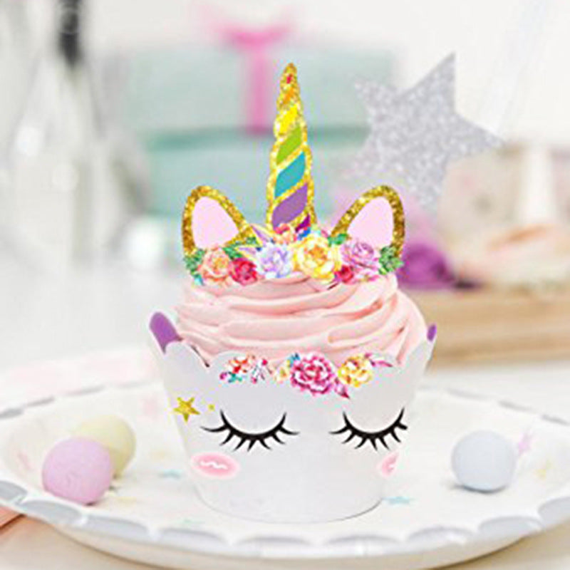 Unicorn 12 dessert birthday cake cups toppers with flags and placards