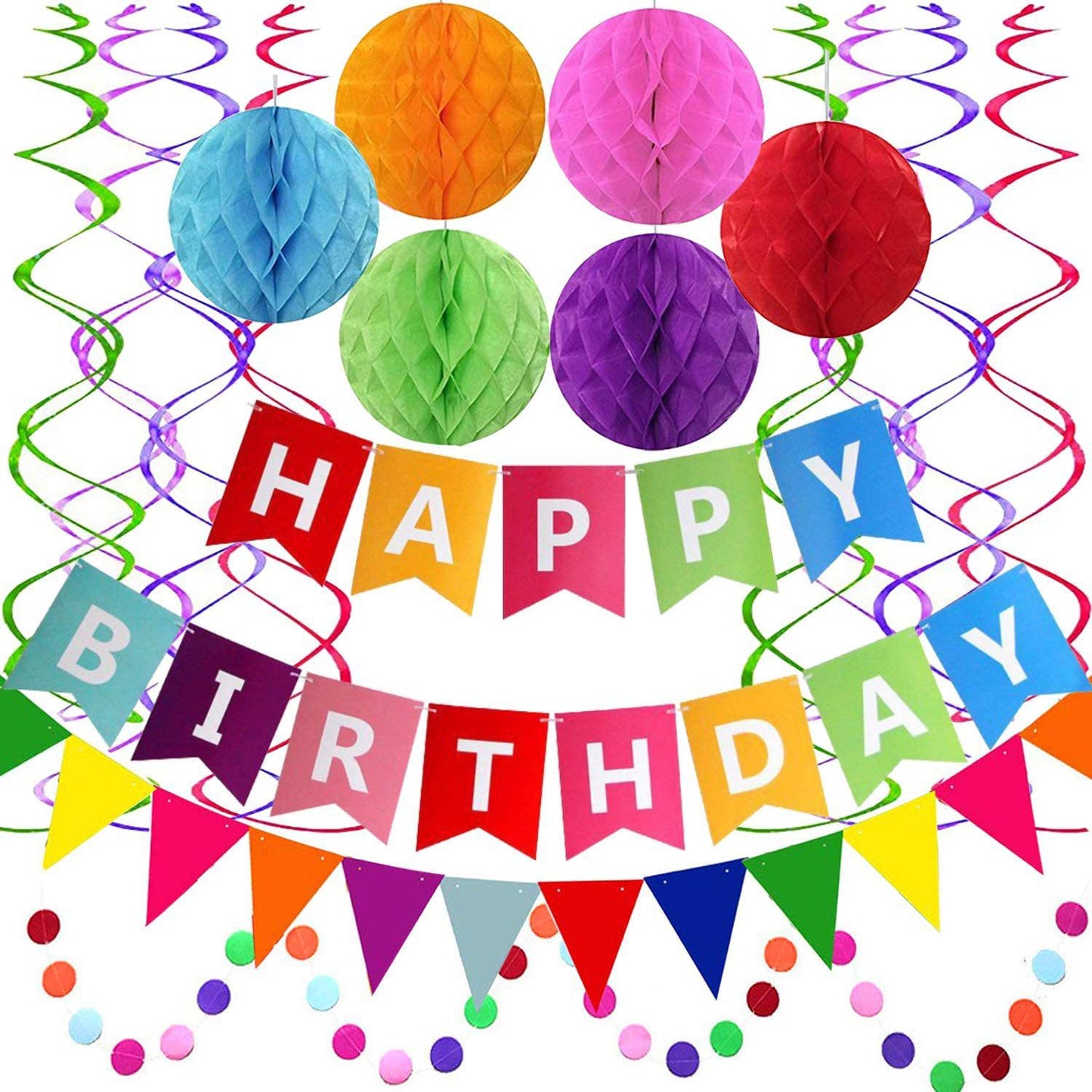 Birthday party decoration Colorful Happy Birthday pull flag spiral hanging decoration pennant colorful banner honeycomb ball set