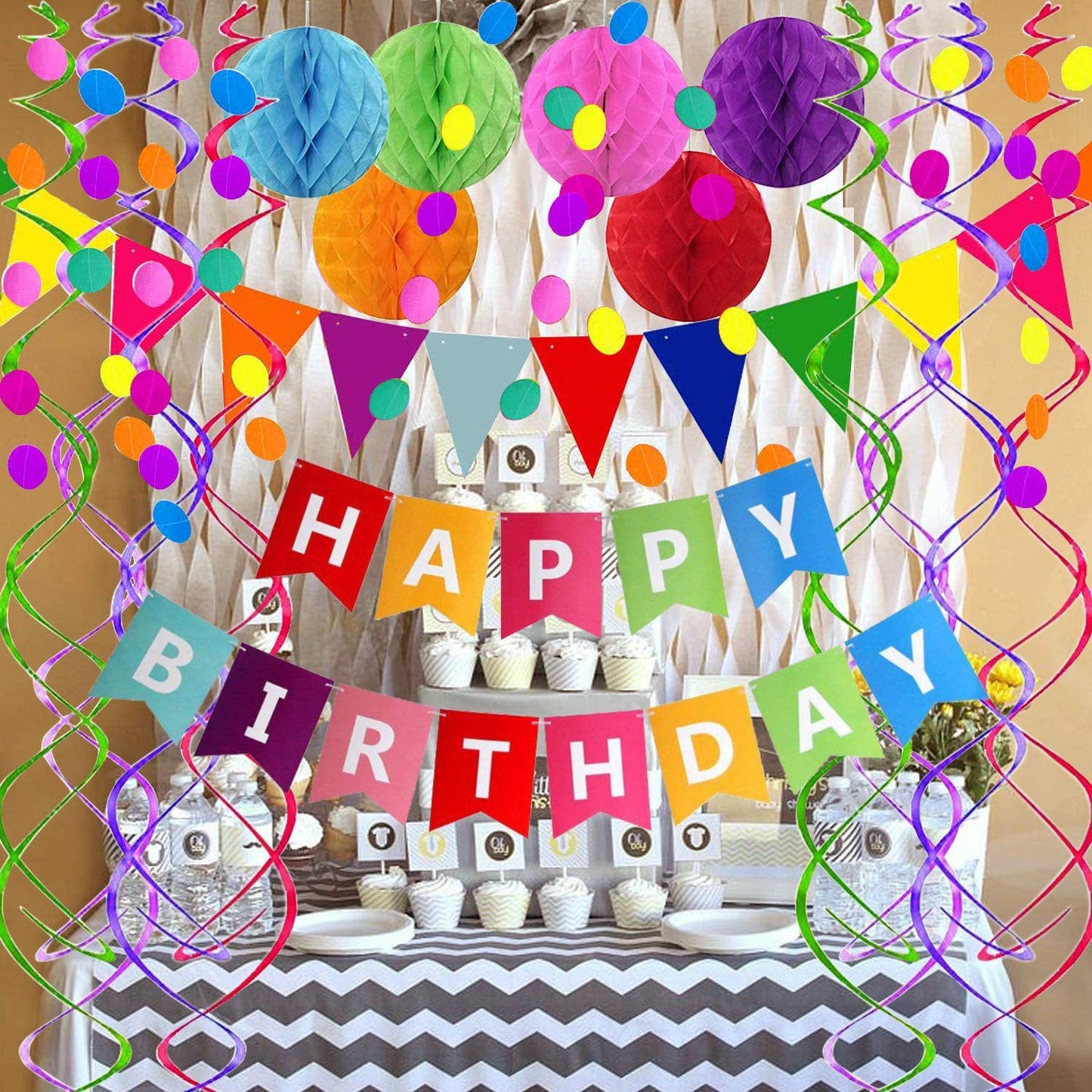 Birthday party decoration Colorful Happy Birthday pull flag spiral hanging decoration pennant colorful banner honeycomb ball set