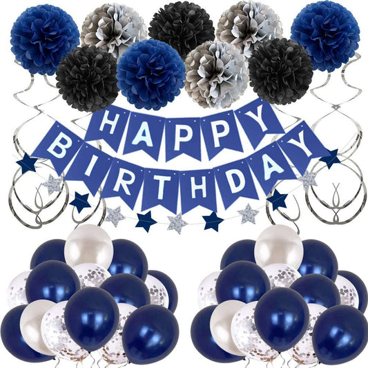 Navy blue birthday pull flag night blue balloon paper flower ball party decoration set