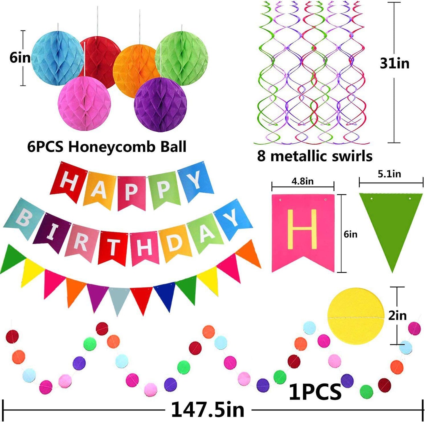 Birthday party decoration Colorful Happy Birthday pull flag spiral hanging decoration pennant colorful banner honeycomb ball set