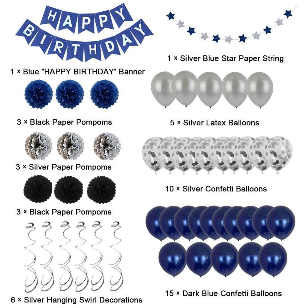 Navy blue birthday pull flag night blue balloon paper flower ball party decoration set