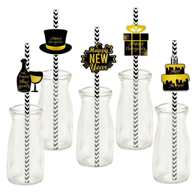 New Year's decoration black gold paper straw banner party supplies